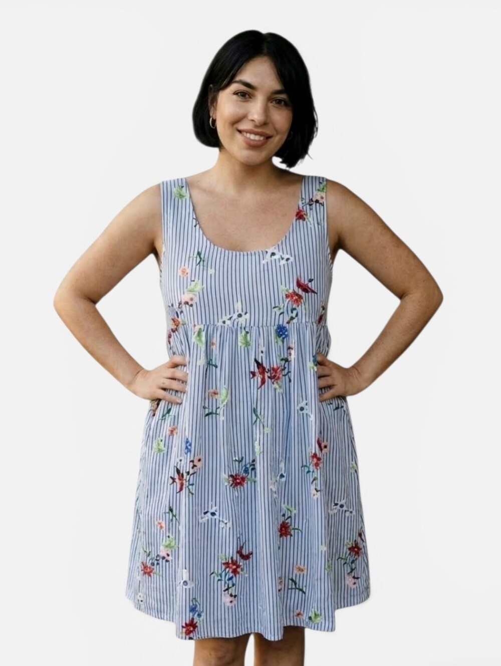 POL Blue Striped Floral Bird Print Babydoll Tie Back Rayon Dress